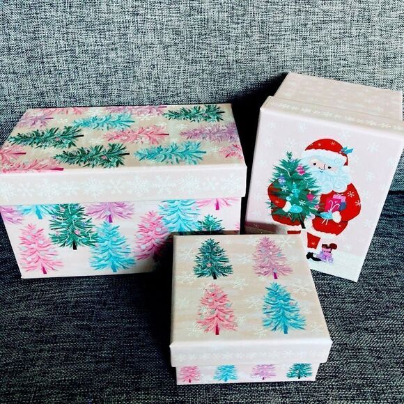 Christmas Glitter Pink Trees & Santa Gift Boxes 3-pc Set - Picture 1 of 1